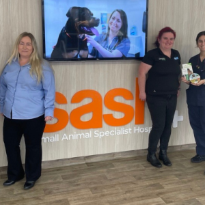 Four people standing by SASH sign 