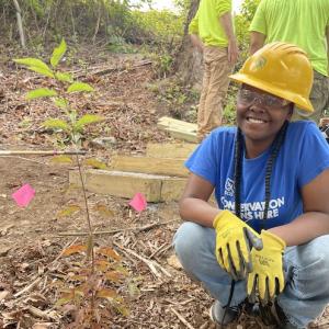 SCA Team member crouching on the ground next to a tree that she has planted.