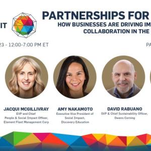 SDG Summit logo and "Partnership for Impact" Five portraits of speakers.
