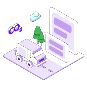 Fleet vehicle drives on a road with a CO2 icon behind it in the air and documents to the side. 