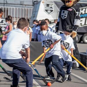 Students play Ball Hockey on the the playground of Longfellow Elementary in Compton, Calif. 