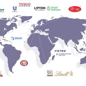 World map with SSCI member company logos 