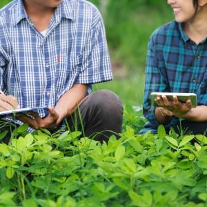 Two people in a farm holding tablets smiling at each other 
