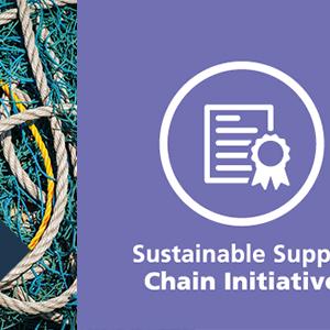 A purple background with white text that reads "Sustainable Supply Chain Initiative", above is an illustration of a certificate and rosette