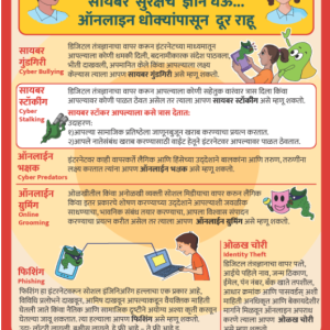 informational poster from save the children, in a foreign language. Pictures of children and technology and headings like cyber bullying, phishing, etc