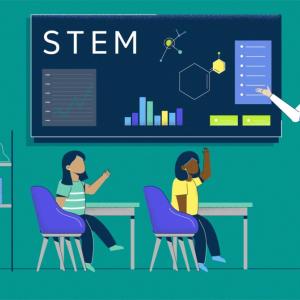 abstract image of two children in school setting with teacher pointing to blackboard of STEM graphs and shapes