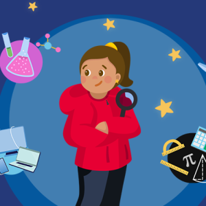 drawing of girl with STEM icons around her