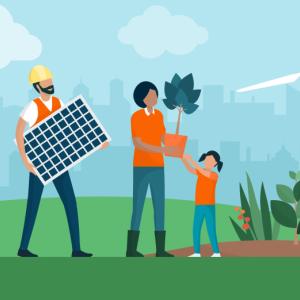 The Home Depot Sustainability Squad: Illustration of people planting flowers and recycling.