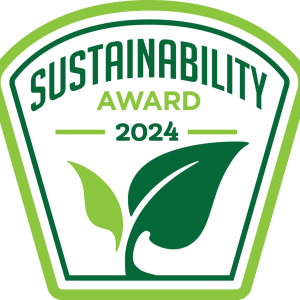 Green award plaque reads, "Sustainability Award 2024"