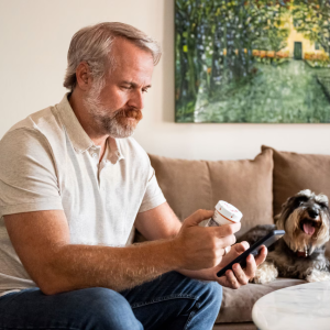 Man looking at medicine bottle while picking up the phone