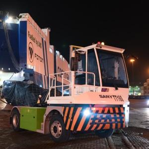 A 100% electric Internal Transfer Vehicle being unloaded from a cargo vessel at DP World's San Antonio terminal in Chile.