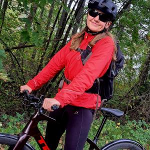 Sari Hokkanen on a bicycle