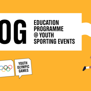 Illustration of an athlete carrying torch with a banner that reads, "YOG: Education Programme @ Yourth Sporting Events." 