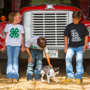 Three children wearing 4H shirts while one of them plays with a cat