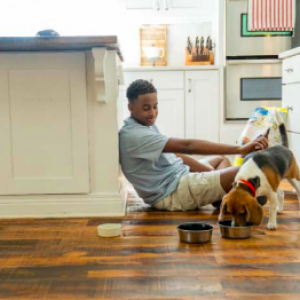 A child sits alongside a dog while the dog is eating 