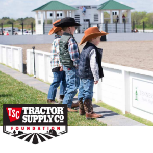 Three children wearing cowboy hats along with the Tractor Supply Foundation logo
