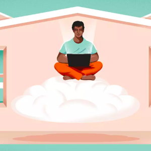 illustration of person working on a laptop in a house 