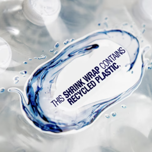 Bottles Shrink wrapped with the text 'This shrink wrap contains plastic'
