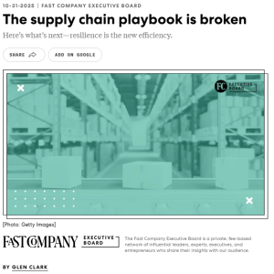 A modern warehouse with shelves of stacked boxes and an automated conveyor system, representing the transformation of global supply chains toward technology, efficiency, and resilience.
