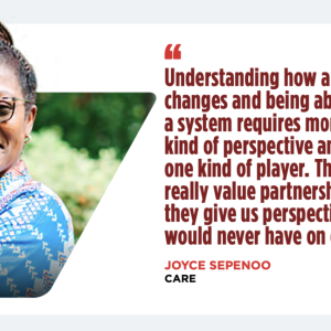 Quote and portrait photo that reads "Understanding how a system changes and being able to change a system requires more than one kind of perspective and more than one kind of player. That’s why we really value partnerships because they give us perspectives we would never have on our own"