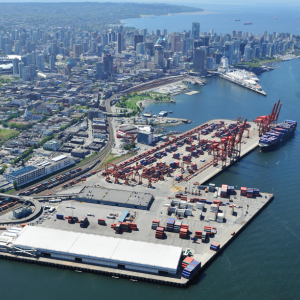 Aerial view of DP World's container terminal at the Port of Vancouver