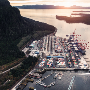 Aerial view of DP World's container terminal at the Port of Prince Rupert