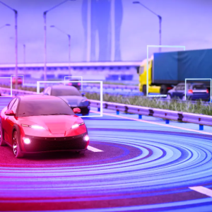 Electric vehicle driving on a large road depicted with blue concentric circles around it