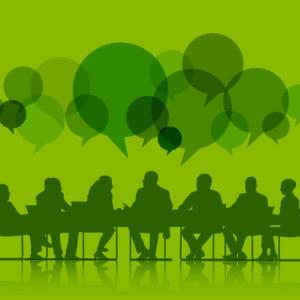 Illustration of silhouettes of people sat at desks with think bubbles above their heads