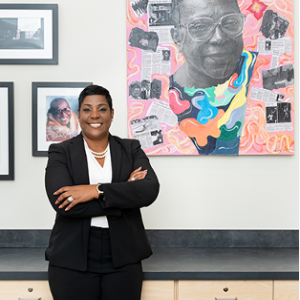 woman standing with picture