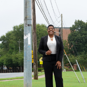 woman with street sign