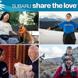 Subaru Share the Love Event with images of happy people and a dog