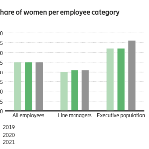 graps showing the increase in share of women per employee category over three years from 2019 to 2021