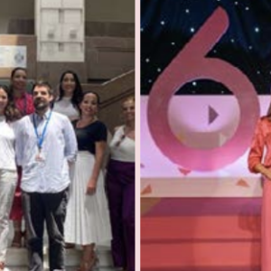 Two separate photos, the photo on the left is a group photo, the photo on the left is of three people holding a large cheque 