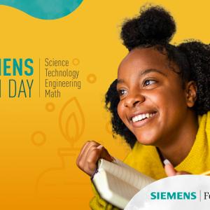 Banner image of a student holding a book withe words "Siemens STEM Day" 