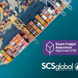 Docked freight vessel with stacked containers, featuring the SCS Global Services logo and the Smart Freight Assurance Approved VVB logo.