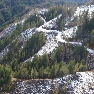 Aerial view of snow covered roads in a forest