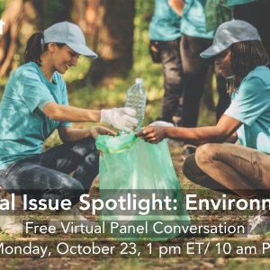 Volunteers kneel down as they clear trash from a forest. Text overlay promotes Taproot's October 23 panel featuring nonprofit leaders.