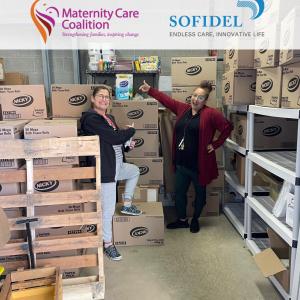 Angie Bellow and her colleague in the Maternity Care Coalition warehouse