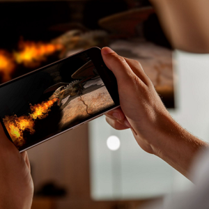 Someone on the phone in front of a TV