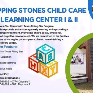 Info graphic "Stepping Stones Child Care and Learning enter I & II" with bullet points of services.