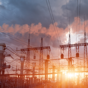 Stormy sky above high tension power lines.