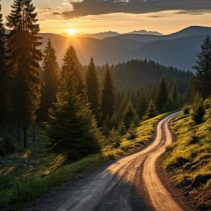 Sun setting behind trees