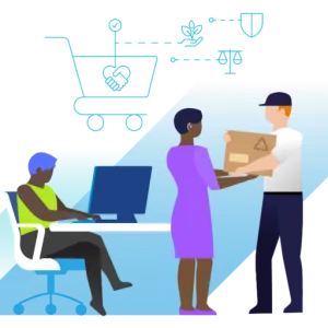 Graphic of someone sat at a desk while another person is handing over a parcel