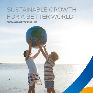 SABIC's 2022 Sustainability Report Cover, featuring a picture of two children holding a ball that looks like planet Earth