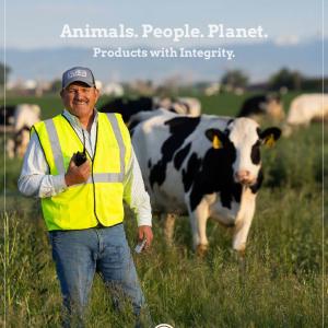 Sustainability Report cover with an employee and cows
