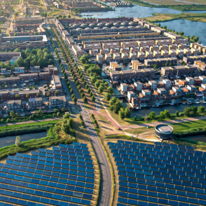 Birds eye view of a community with water on both sides.