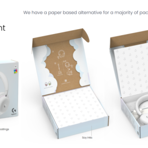 "Packaging Material Development" with images of Logitech headphones in their paper-based packaging
