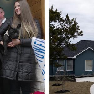 U.S. Army Specialist (SPC) Maggie Bilyeu shown in her new home and with The Home Depot Foundation volunteers.