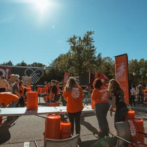 Volunteers setting up tables to prepare supplies for the hurricane relief.
