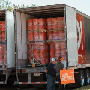 Trucks packed with materials to help hurricane victims.